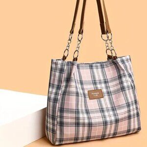 Stylish Pink Plaid Tote Bag, Shoulder Bag, Meiduola YYDS Plaid Tote Bag